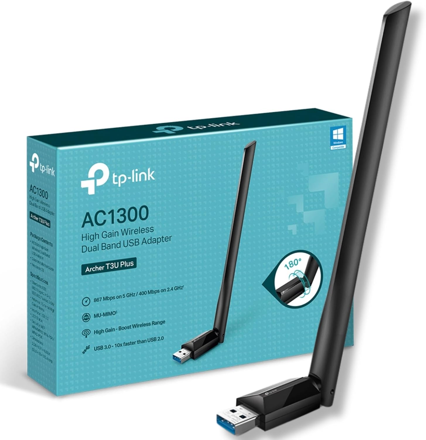 TP-Link Archer T3U Plus AC1300 USB WiFi Dongle Black, Dual Band 3.0 USB WiFi Dongle for PC, Two High-Gain Antennas Built in One, MU-MIMO, Windows 11/10/8.1/8/7XP, Mac OS, Easy Setup