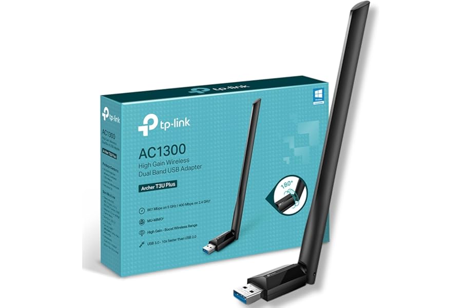 TP-Link Archer T3U Plus WiFi Dongle, AC1300 High Gain Wireless WiFi Adapter, Dual Band USB 3.0 MU-MIMO WiFi Dongle with 5dBi Antenna for PC/Desktop/Laptop, Supports Windows 11/10/8.1/8/7XP, Mac OS