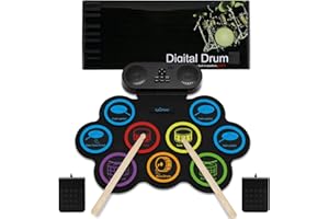 Batterie électronique Lychee avec prise casque, 9 pads d'entraînement stéréo enroulables, haut-parleur intégré, pédales, baguettes, connexion externe, excellent cadeau de Noël ou d'anniversaire pour e