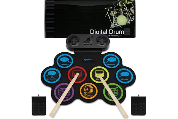 Batterie électronique Lychee avec prise casque, 9 pads d'entraînement stéréo enroulables, haut-parleur intégré, pédales, baguettes, connexion externe, excellent cadeau de Noël ou d'anniversaire pour e