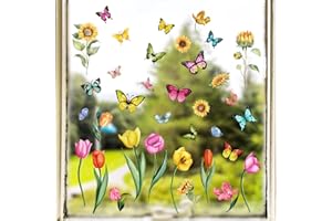 HaoFuJi Pegatinas de Ventana Anticolisión Adhesivas, Planta Flores Mariposa Aves Vinilo para Ventanas, Pegatinas para Ventana Adhesivos de Ventana para Salón Ventana Decorativa, Impresión a Doble Cara