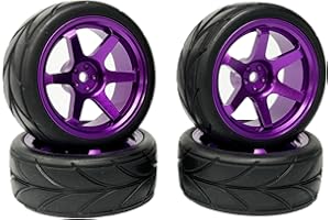 KINGCOO - Juego de 4 neumáticos y ruedas de goma de 64 mm y 6 radios, llantas de aleación de aluminio, 12 mm hexagonal, para 1/10 RC en carretera Run-flating Touring Racing Drift (morado)