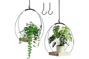 BDHYYM 2 Pièces Suspension Plante Intérieure, Pot Suspendu Plant Interieur, Macrame Suspension Plante Suspendue, Anneau en Métal avec Base en Bois, Crochet de Inclus