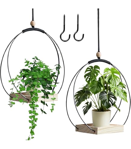 Pots Suspendus Intérieur Métal Noir Avec Base Bois - Lot De 2, Diamètre 30 Cm, Corde Coton 80 Cm