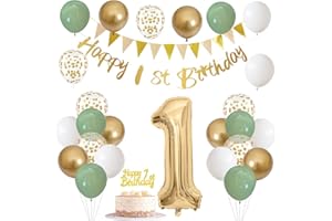JOBKOO Deko 1. Geburtstag Junge Mädchen Salbeigrüne Geburtstag Deko 1 Jahr mit Girlande 1. Geburtstag Banner Zahl Luftballons 1. Geburtstag Tortendeko Grün Weiß Gold Party Ballons für Geburtstagsdeko 1 Jahr