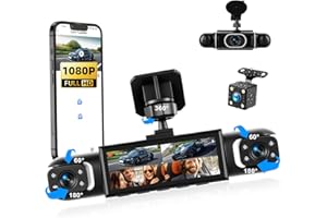 CAMECHO Dashcam 4 Canales 1080P, visión 360° para Coche, 4 cámaras Ajustables, Pantalla 3.16", guías de Aparcamiento, visión Nocturna IR, detección de Movimiento, grabación en Bucle, Montaje Sencillo