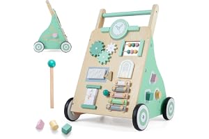FANTASK 2-i-1 gåvagn i trä för barn från 1 år | Baby gåstol med leksak trä barnvagn skjutvagn gångvagn för småbarn med broms