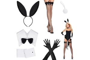 ZALHIN Costume da Coniglietto da Donna Set - 9pcs Accessori per Playboy Bunny Costume Cerchietto con Orecchie di Coniglio Cravatta Polsini Code Guanti Calzini al Ginocchio, Costume Cosplay Festa