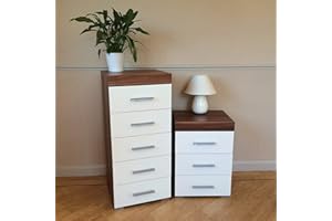 DRP Trading White & Walnut 2 Piece Bedroom Furniture Set, 3 Drawers Chest, 5 TallBoy Drawers Chest, Ample Storage, Elegant Décor, Ideal for Bedroom Organisation, Quality Bedroom Set