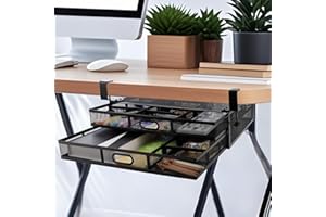 LIUCONGBD Under Desk Drawer Organizer No Drilling Clamp-On, Mesh Metal Under Desk Storage with 2 Slide Out Drawer, Hidden Accessories Suitable for Home and Office (44 x 30 x 12cm)