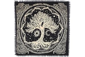 THE ART BOX Tovaglia da altare Carte dei tarocchi Tovaglioli Oggetti di scena per stregoneria Tovaglia quadrata Oro nero Vecchio pagano Celeste Spirituale Tessuto con frange Albero della vita 45x45 cm