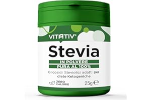 VITATIV Stevia Pura in Polvere - Rebaudioside A 98% Dolcificante Naturale - Zero Calorie, Ideale per Diete Ketogeniche, Vegano e Senza Glutine - 25gr