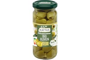 Kattus - Bio grüne Oliven ohne Stein | Griechische Oliven zum Verfeinern von Salaten oder Saucen | Aus biologischem Anbau | 125 g im Glas