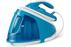 Amazon Basics Ferro da Stiro a Vapore con Caldaia e Pompa a 6 bar, Colpo di Vapore 240g/min, Vapore Continuo 120g/min, Serbatoio da 1,5 L, 2400 W, Colore Bianco/Blu