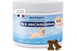 SPARKLYPETS Sparkly Pets - Arthrose Chien - Hip & Joint Articulations - Complément Alimentaire pour Chien - Confort Articulaire, Mobilité et Cartilage - Collagène, Huile de Poisson - 90 Unités, 270g, Goût Poulet