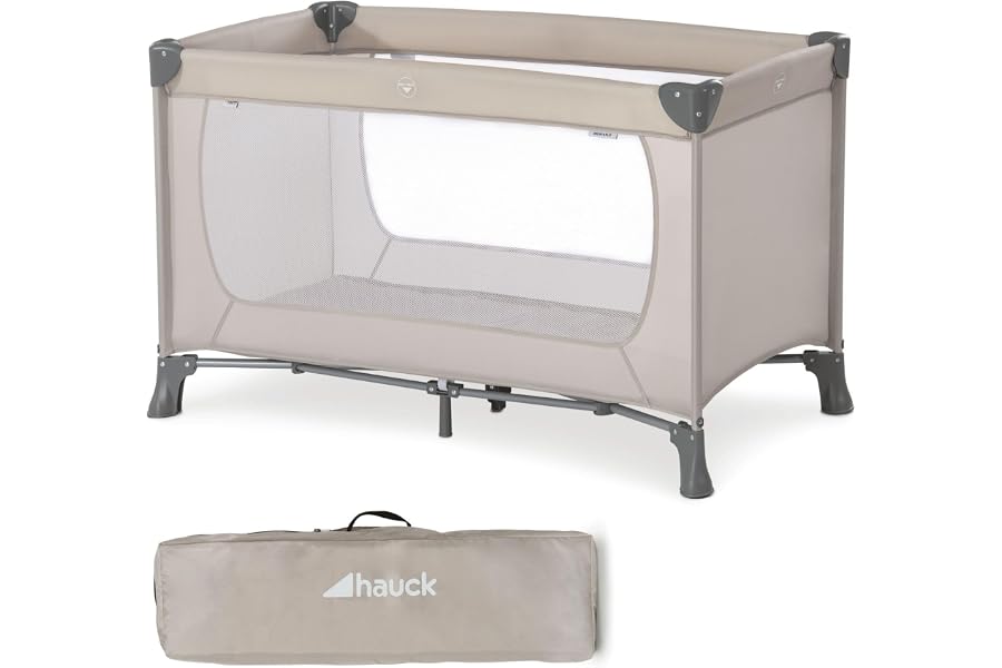hauck Dream N Play Children's Travel Cot from Birth up to 15 kg, Small Foldable incl. Carry Bag and Folding Base, Lying Surfa