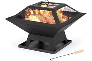 LIVIVO Outdoor Garden Fire Pit Firepit Brazier Burner Square Stove with Protective Mesh Spark Guard Cover Outdoor Heater With BBQ Grill (34cm)