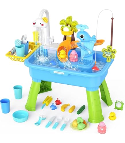 Table à Eau avec 37 Accessoires, Table de Jeux d'Eau et Sable Enfant, Cascade Double Face, Jouets d'Activités Sensorielles Aquatiques d'Été, pour Tout-petits, Garçons, Filles de 3 Ans et Plus