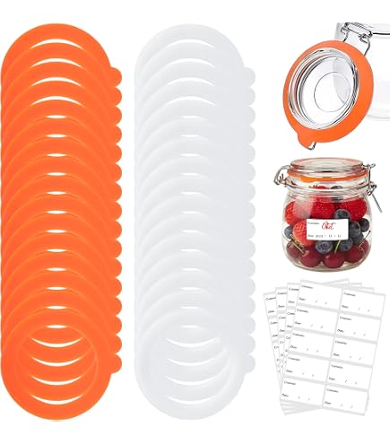 32 Stück Einweckgummi Silikon, Gummiringe für Einmachgläser mit 4 Aufklebern,Einkochringe Dichtringe,Glasdichtungen Ersatz Einmachgummiringe Auslaufsicher, Einachgummis für Gläser Deckel (Orange,Weiß) Küche, Haushalt & Wohnen