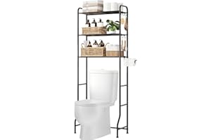 Kitsure Over Toilet Storage Rack – 3 Tier Black Metal Bathroom Organiser Shelf, Over-Toilet Storage Cabinet with Toilet Roll Holder & Hooks, Space-Saving Bathroom Unit for Laundry Room, 157.0 cm High