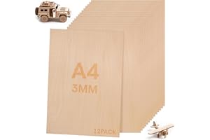 Aevcvok 12 Pezzi Compensato, 3mm Legno Compensato di Tiglio A4 300 x 210mm, Fogli di Compensato, Fogli di Legno Sottili perArtigianato, Pirografia, Modellismo, Taglio Laser, Decorazione, Pittura