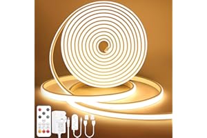 Lamomo COB LED Strip Light, 5M Warm White Dimmable Led Lights Strip with Remote, Flexible Waterproof Silicone 3000K 24V Neon Rope Light for Bedroom, Kitchen, Outdoor,CRI90+, UKCA Power Supply