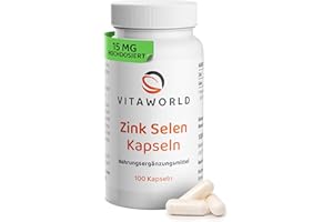 ‎VITA WORLD vitaworld Selen Zink Kapseln - Zink und Selen hochdosiert 15mg Zink + Selen 100µg pro Tag (100 vegane Kapseln) - ideal für Immunsystem, Haut, Haare und Nägel - laborgeprüft, ohne Zusätze, glutenfrei
