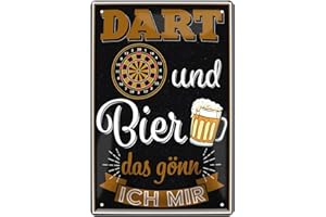 HELGES-SHOP Blechschild Dart und Bier, das gönn ich Mir - Dart Dekoration Schild - Dekoblechschild für Dartspieler - schöne Deko für Dartscheibe zu Hause, Kneipe oder Bar - Dart Zubehör - Dart Spruch - 20x30cm