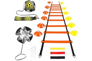 GROOFOO Accesorios de entrenamiento de fútbol – Escalera de agilidad de 6 m, 12 conos naranja/amarillo, 4 clavos de tierra, 3 bandas de resistencia (diferentes valores), paracaídas de velocidad y