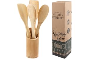 RUNDAGO Set de Cucharas de Madera de Bambú con Contenedor - Utensilios de Cocina Sostenibles - Kochlöffel, Pfannenwender, Lochkelle, Aufbewahrungsbehälter