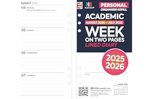 NBPLANNER Agenda accademica 2025-2026 Settimana su due pagine a righe, inserto di ricarica bianco | Agosto 2025 – Luglio 2026 | Filofax Formato PERSONALE COMPATIBILE | 95 x 171 mm
