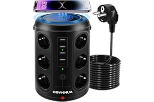 OBVHNUA Regleta de enchufes de protección contra voltaje, multitoma vertical con 12 enchufes y 5 puertos USB y cargador inalámbrico de 10 W, 2 interruptores individuales, base múltiple de seguridad 2500 W/15