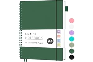 RETTACY Graph Grid Paper Notebook, 110 Pages, A4 Size (21.5 x 28 cm), 5mm per Square, 100 GSM Thick Paper, Flexible Plastic Cover, Spiral-bound, for School, Students, Math, Engineering (Dark Green)