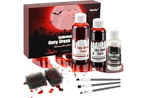 AIFANCIEY Kunstblut Halloween, 58ml Künstliches Frisches Blut, 48ml dunkelrotes TheaterBlut, 28ml Flüssiges Latex, Make-up Pinsel und Schwamm, auswaschbar für Halloween bilden Zombie Vampir Wunde Narbe