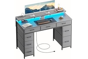 ‎HLONONE HLONONE Schreibtisch mit 8 Schubladen, Computertisch mit 2 Steckdosen und 2 USB Ladeanschluss, Bürotisch mit LED und Monitorständer, PC Tisch für Büro, Wohnzimmer, 120 x 50 x 74 cm, Grau