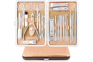 ULIYA Manicura Pedicura Set 23 PCS Profesional Cortaúñas Acero Inoxidable Grooming Kit Con Estuche De Viaje De Cuero Lujoso (Oro/Plata)