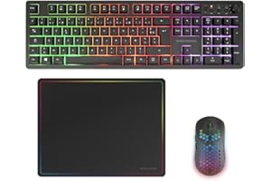Mars Gaming MCPWX, Combo Gaming sans Fil, Technologie DualPro Link 2.4GPRO, Clavier Complet FRGB avec Contrôle Multimédia + Souris RGB 3200DPI + Tapis Antidérapant 360x260mm, Noir, Français