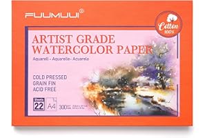 FUUMUUI Carta Acquerello Cotone A4-22 Fogli Acquerello, Priva di Acidi, 300gr, 100% Cotone, Pressato a Freddo, Album Da Disegno Professionale | Ideale Per Pittura E Disegno Con Acquarello, Watercolor Paper