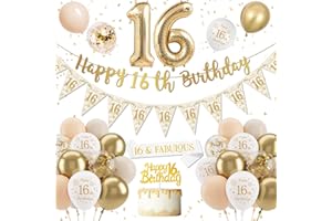 DJLLA Gold & White 16th Birthday Decorations - Banner, Balloons, Cake Topper & Confetti for Girls' Sweet 16 Party