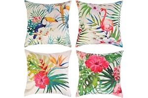 JuneJour Set of 4 Tropical Cushion Covers Outdoor Furniture Decorative Linen Square Single-Sided Printing Pillow Cover Tropical Flower Plant for Home Office Sofa Couch Car Garden 45 x 45cm