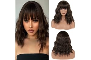 Cybelleza Bob Peruka ciemnobrązowa z grzywką, naturalna krótka, kręcona, falowana, 35 cm, odporna na ciepło syntetyczna peruka, długość do ramion, na co dzień, cosplay