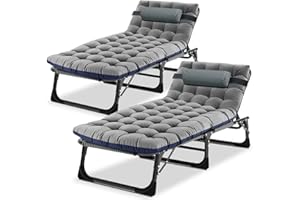Ryuhic Folding Sun Lounger for Garden Set of 2, Heavy Duty Adjustable Garden Bed with Mattress and Headrest, Oversized Portable Outdoor Camping Bed for Home, Office Nap, Patio Pool and Beach