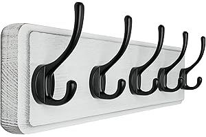 SKOLOO Perchero rústico de pared, de 44 cm de largo, fabricado en pino macizo, 5 ganchos para colgar ropa, albornoces, toallas, abrigos, mochilas,blanco rancio