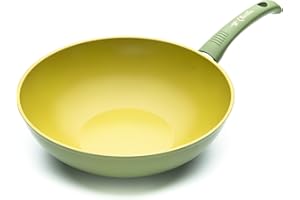 Olivilla OL9728 Wok Antiaderente all'Olio D'Oliva 100% Made in Italy, Alluminio, Verde Oliva, 47 x 29 cm