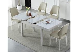 AMZSEW Dining Table and Chairs set, Extendable dining table, Middle Butterfly Extension Leaf Table, Telescopic 110-140cm Wide 75cm, High Temperature Resistant Glass Tabletop (1 Table+4 Chair)