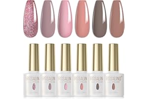 ROSALIND Esmaltes Semipermanentes para Uñas Rosa Nude Gris Marrón Glitter Rosa 6 Colores Kit Pintauñas Semipermanentes Uñas de Gel UV LED Esmaltes en Gel Gel Nail Polish Esmalte Uñas 6ml