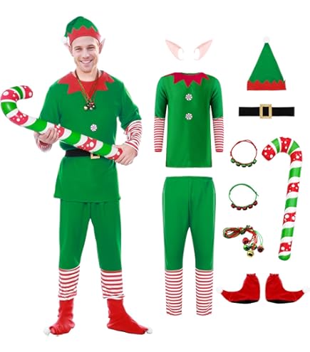 Costume Lutin De Noël Homme 4 Pièces - Combinaison Polaire + Chapeau + Chaussettes + Chaussures - Taille S à XXL