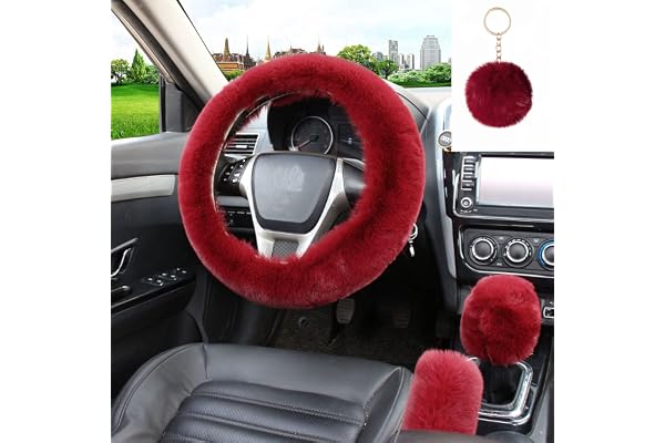 WenMei Ensemble de 4 Housses Volant Moelleuses Avec Housse Frein à Main Housse Changement Vitesse Porte-clés Peluche Housse de Volant en Fourrure,Protection de Roue de Voiture Chaude,14,96"(Vin Rouge)