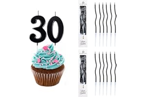 Ronoza Zestaw świeczek urodzinowych, kształt liczby 30, świeczki na tort, 12 szt., cienkie, długie, czarne świeczki