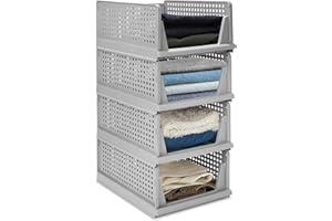 BOSSJOY Set mit 4 stapelbaren faltbaren Kleiderschrank-Aufbewahrungsboxen Kunststoff-Kleiderschrankregale Schrank-Organizer-Box herausziehbar wie eine Schublade geeignet für Zuhause Schlafzimmer Küche